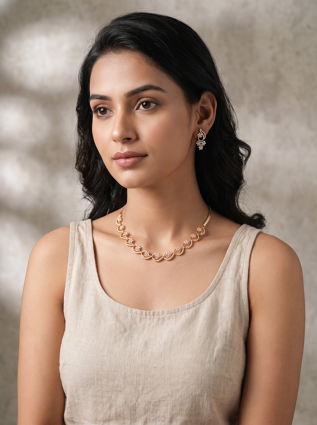 Rose Gold Plated White AD Wave Design Necklace Jewellery Set