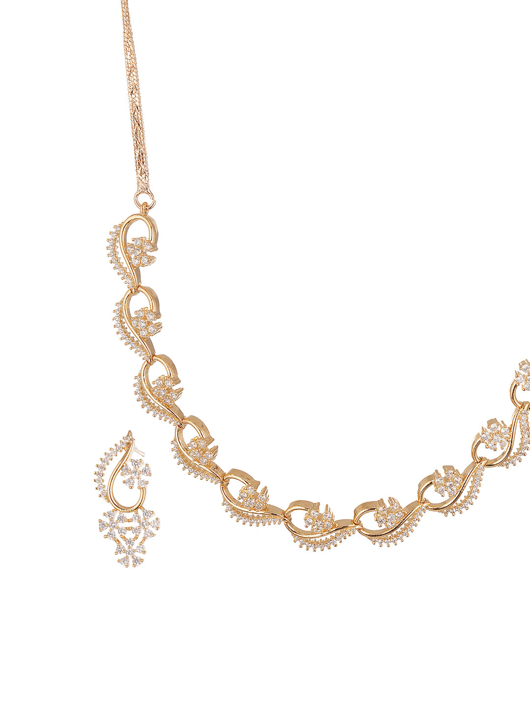 Rose Gold Plated White AD Wave Design Necklace Jewellery Set