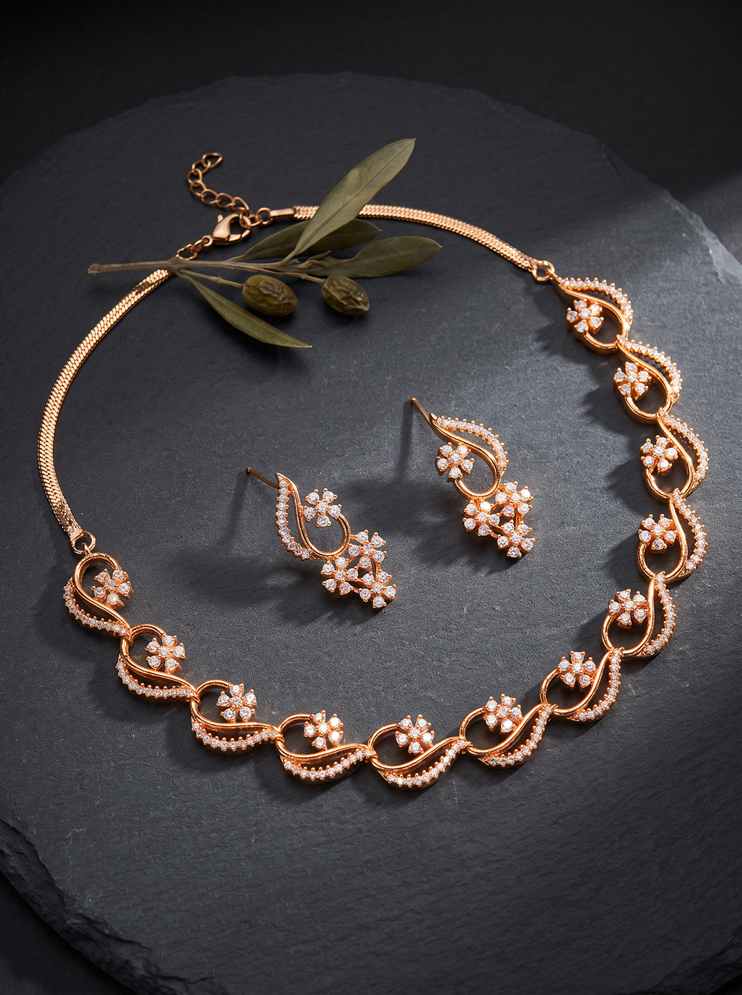 Rose Gold Plated White AD Wave Design Necklace Jewellery Set
