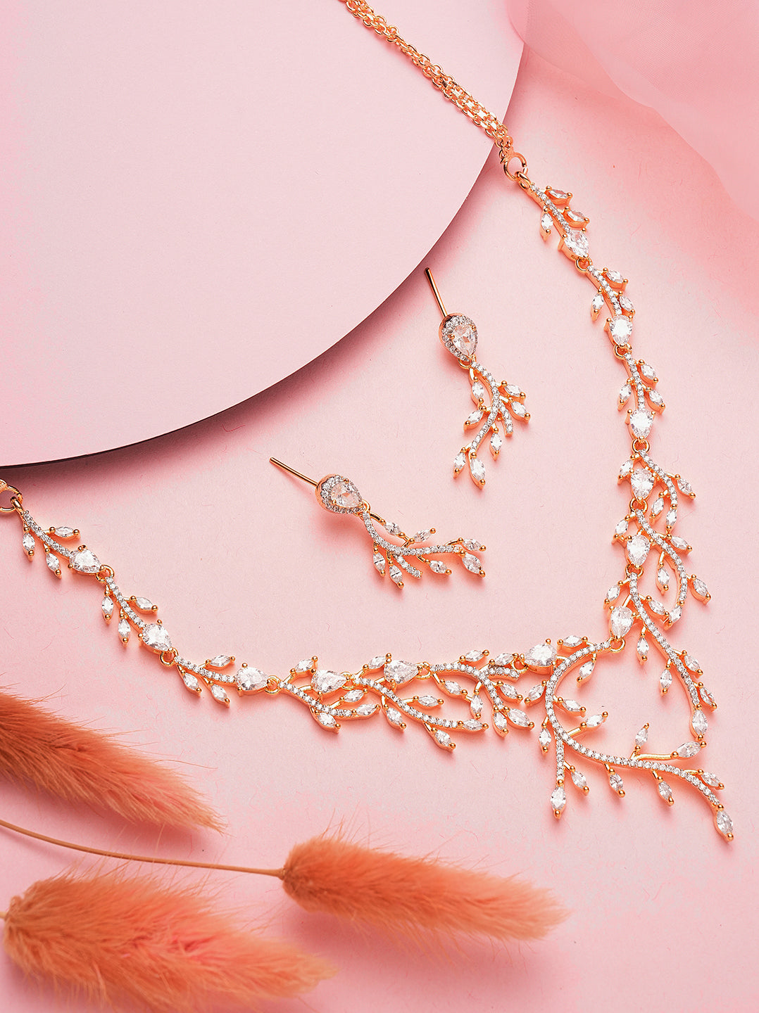 Rose gold plated AD vine design necklace set