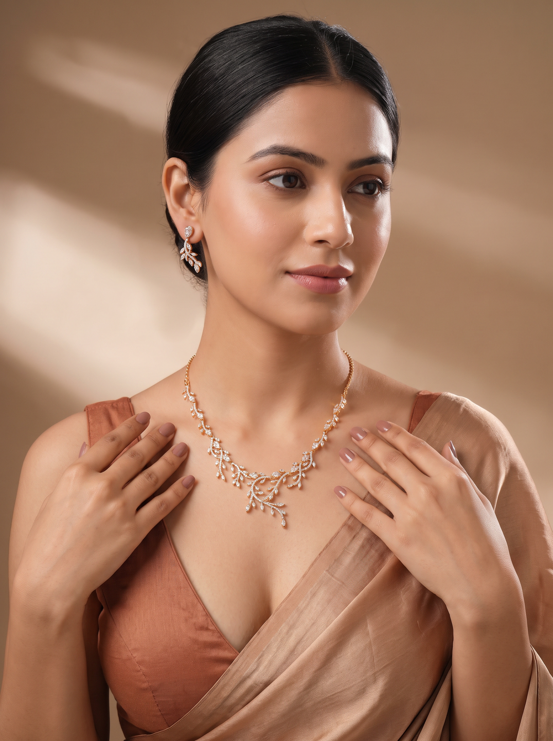 Rose Gold Plated White AD Vine Design Necklace Jewellery Set