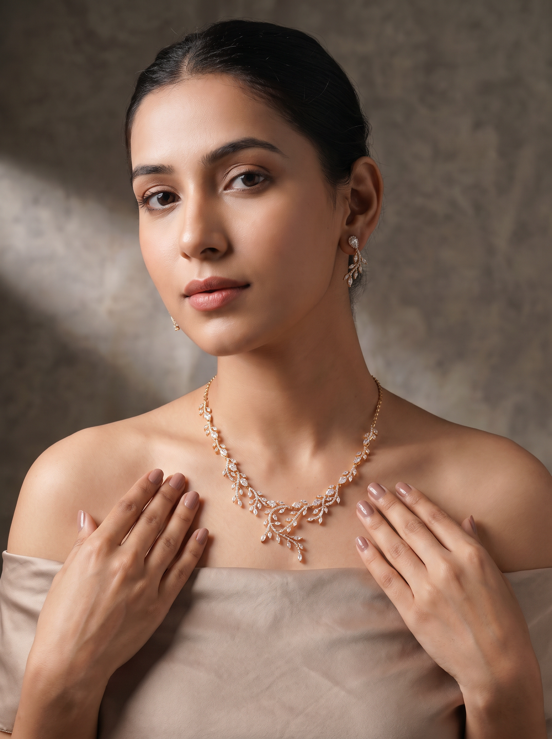 Rose Gold Plated White AD Vine Design Necklace Jewellery Set