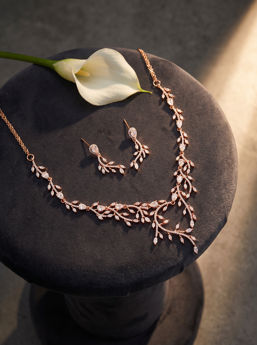 Rose Gold Plated White AD Vine Design Necklace Jewellery Set