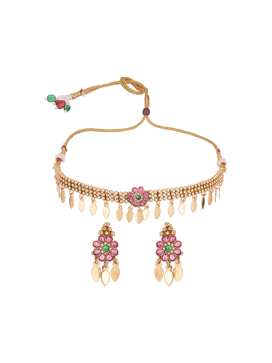 Antique Gold Plated Ruby Green Stone Leaf Drop Temple Necklace Set