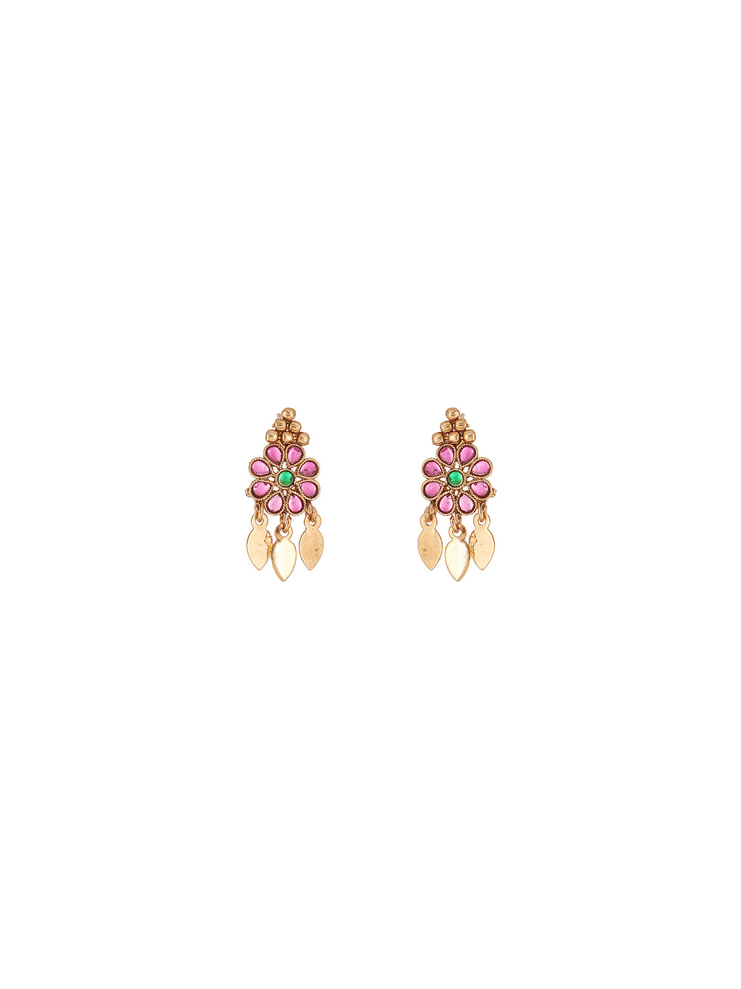 Antique Gold Plated Ruby Green Stone Leaf Drop Temple Necklace Set