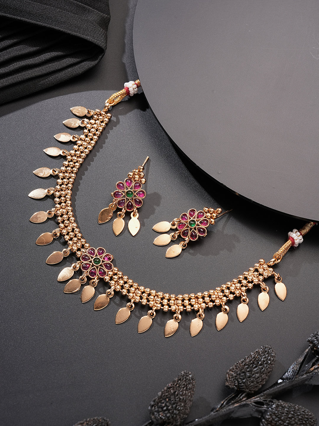 Antique Gold Plated Ruby Green Stone Leaf Drop Temple Necklace Set