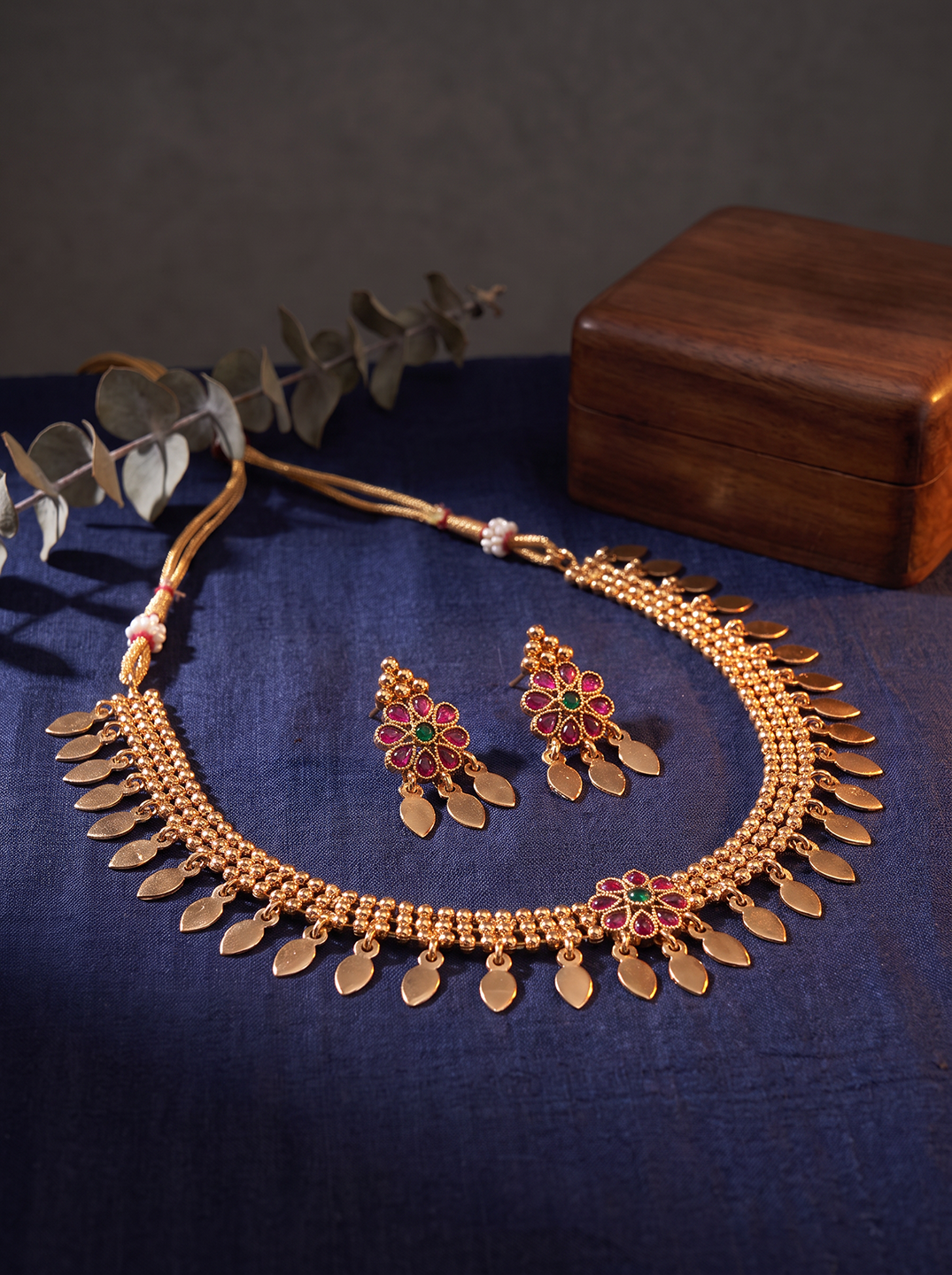 Antique Gold Plated Ruby Green Stone Leaf Drop Temple Necklace Set