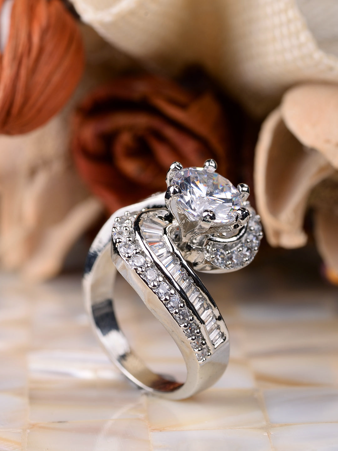 White Rhodium plated AD Studded Solitaire Victorian Finger Ring