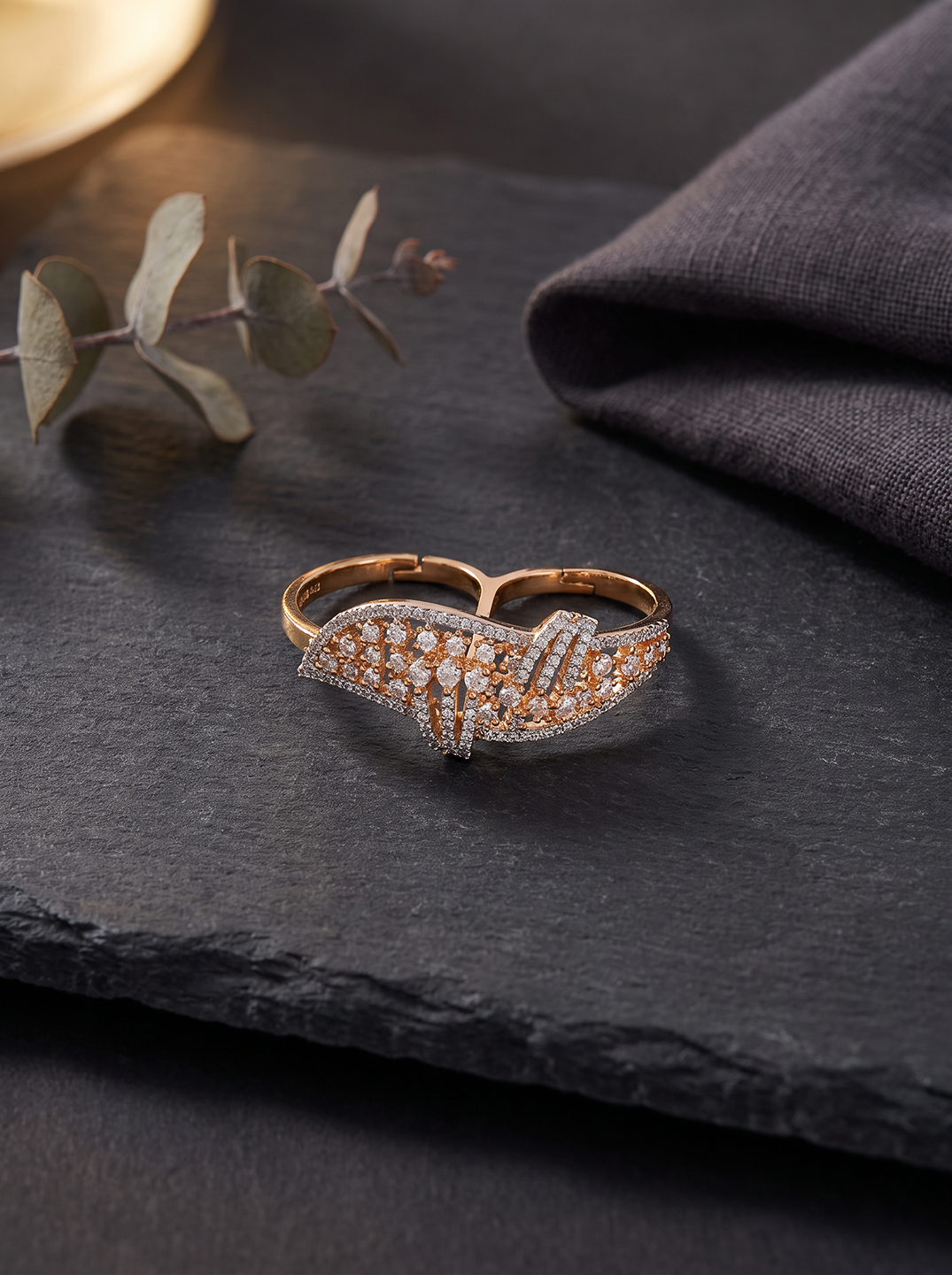 Rose gold plated AD two finger leaf ring