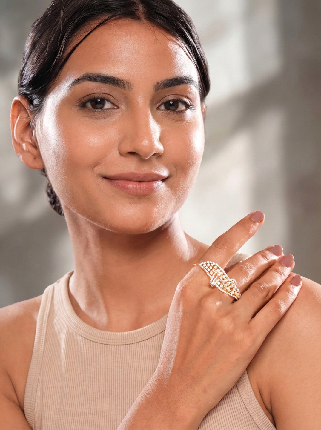 Rose Gold Plated White AD Two Finger Leaf Ring