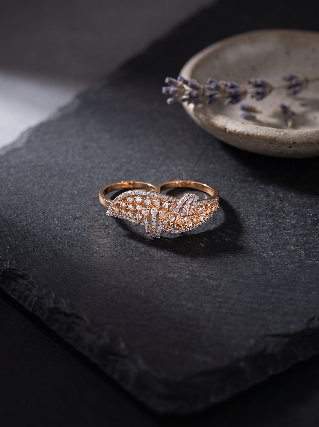 Rose Gold Plated White AD Two Finger Leaf Ring
