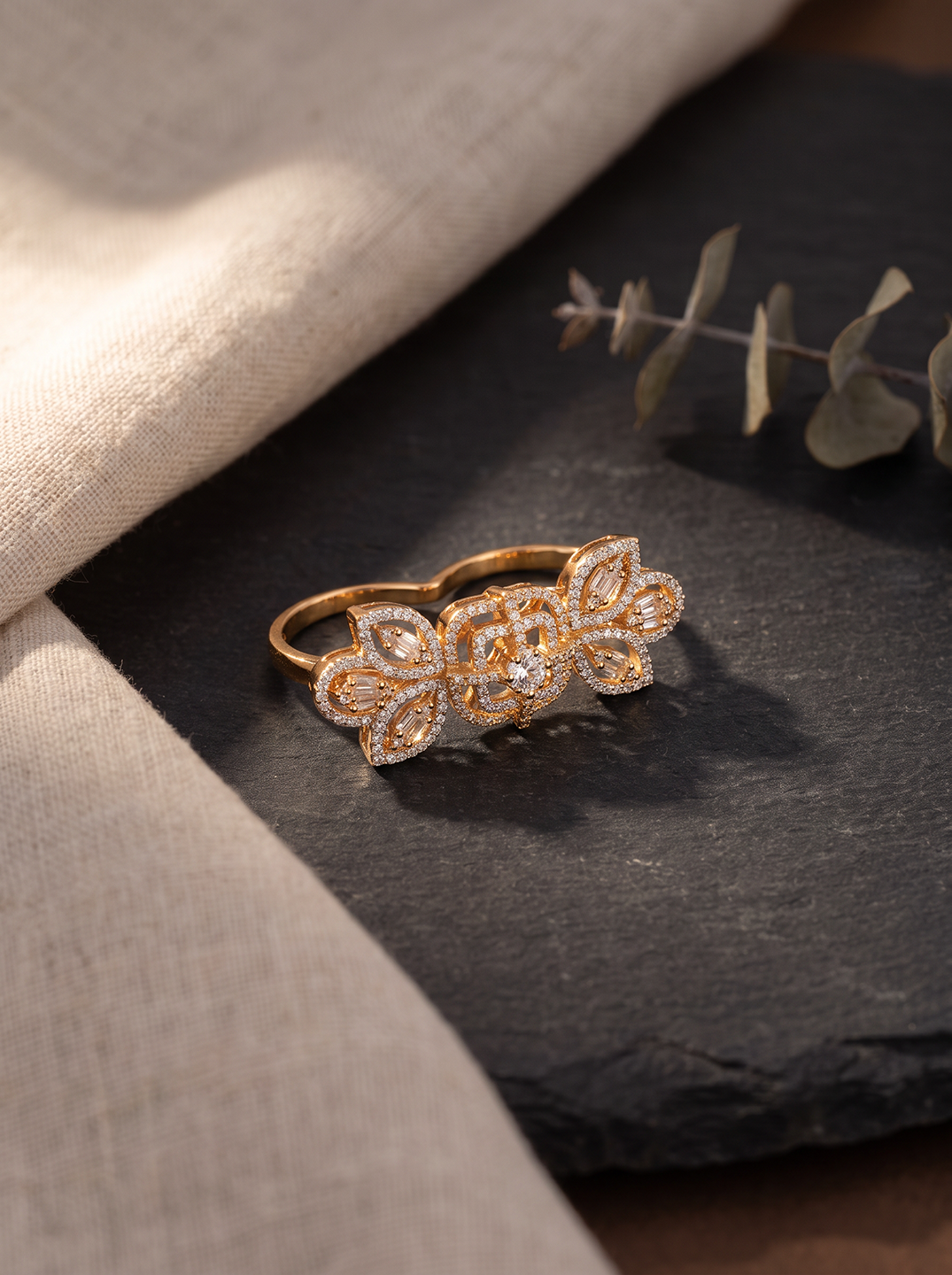 Rose gold plated AD two finger flower ring