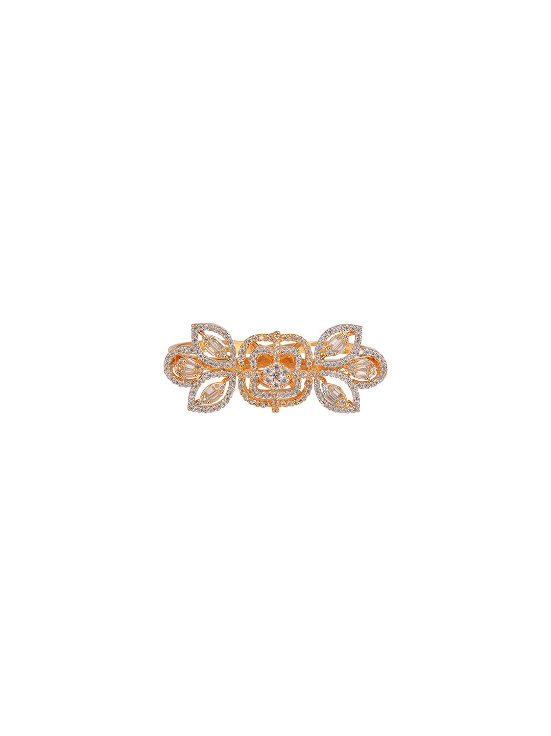 Rose Gold Plated White AD Two Finger Flower Ring