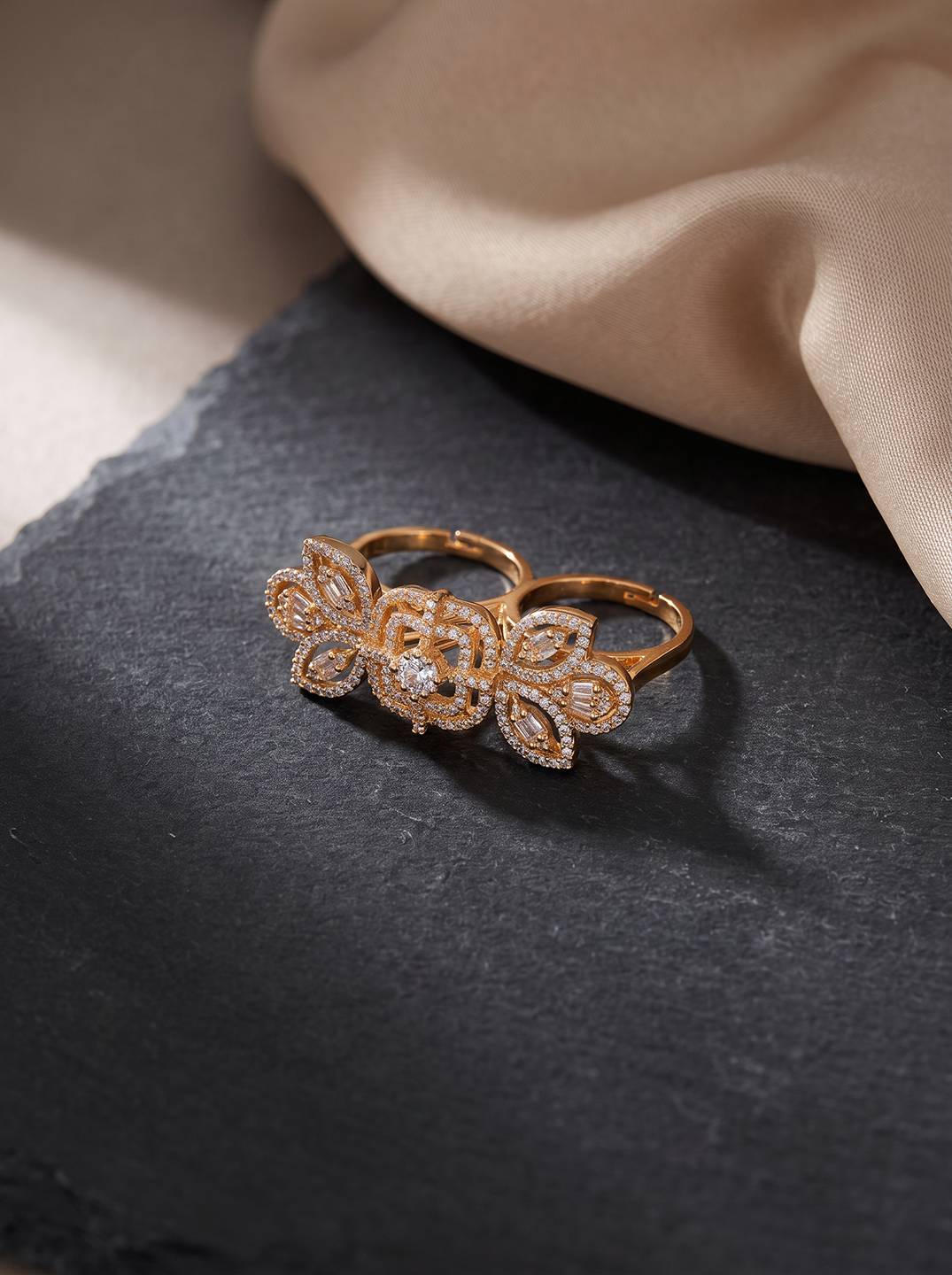 Rose Gold Plated White AD Two Finger Flower Ring