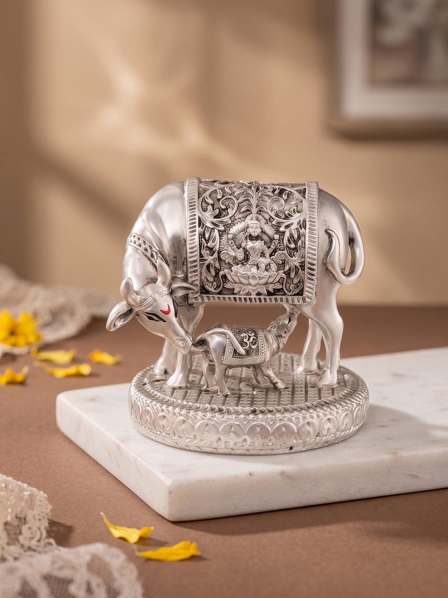 Saraf RS Kamdhenu Cow with Calf Idol (999 Silver Plated)