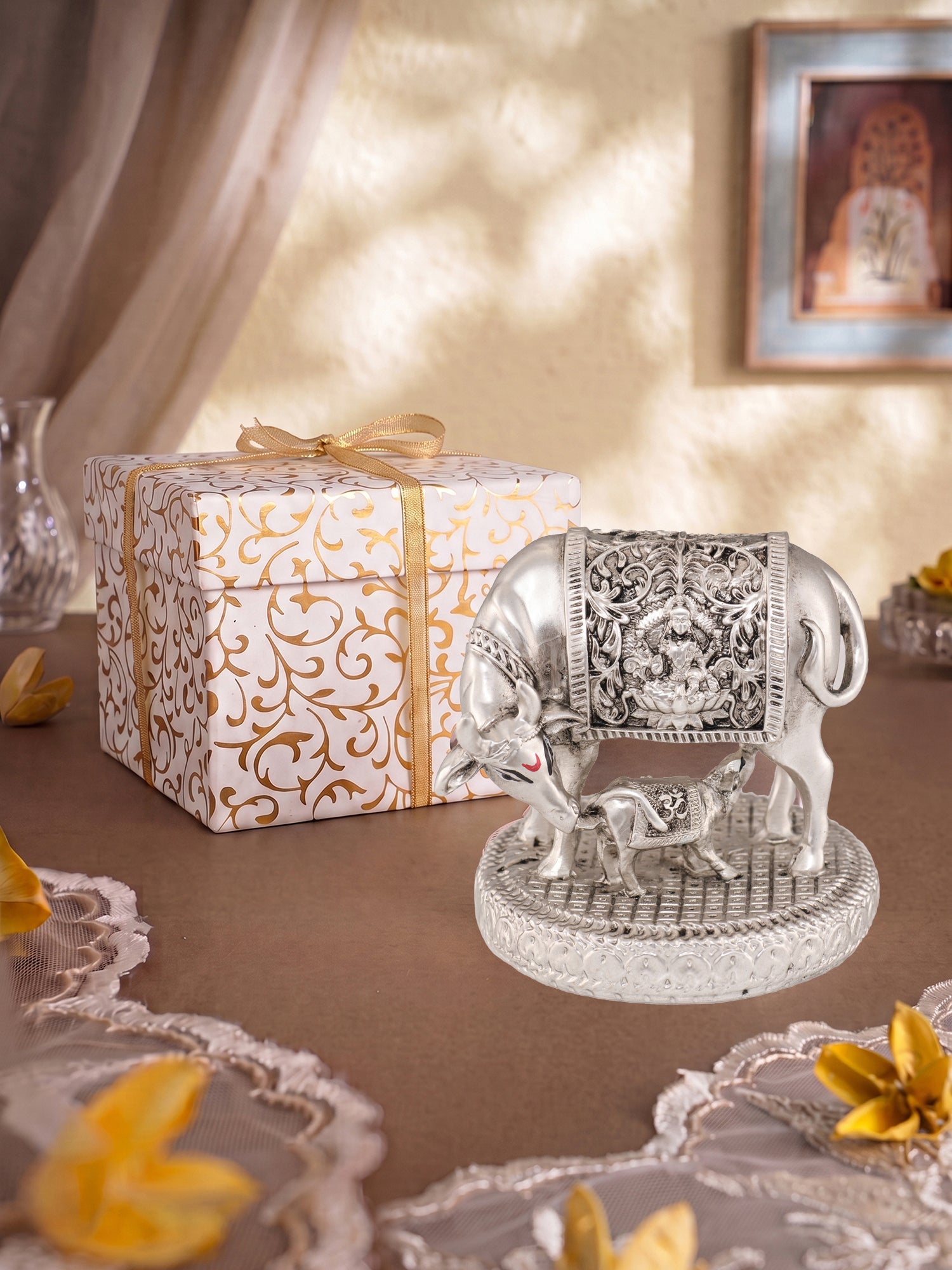 Saraf RS Kamdhenu Cow with Calf Idol (999 Silver Plated)