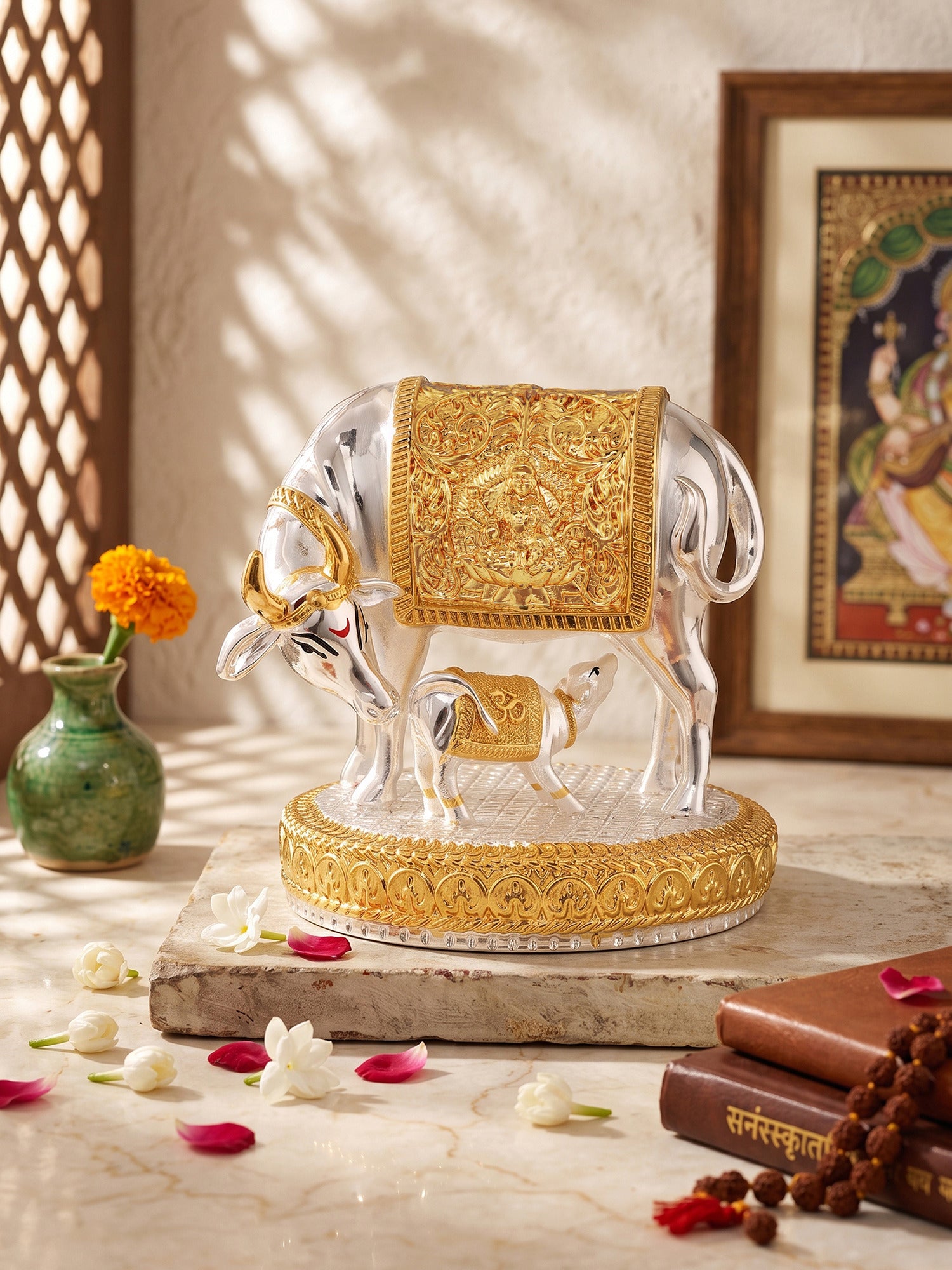 Saraf RS Kamdhenu Cow with Calf Idol | Gold & Silver Plated