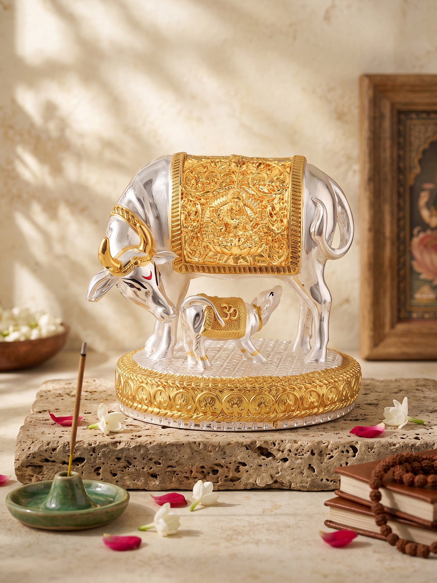 Saraf RS Kamdhenu Cow with Calf Idol | Gold & Silver Plated