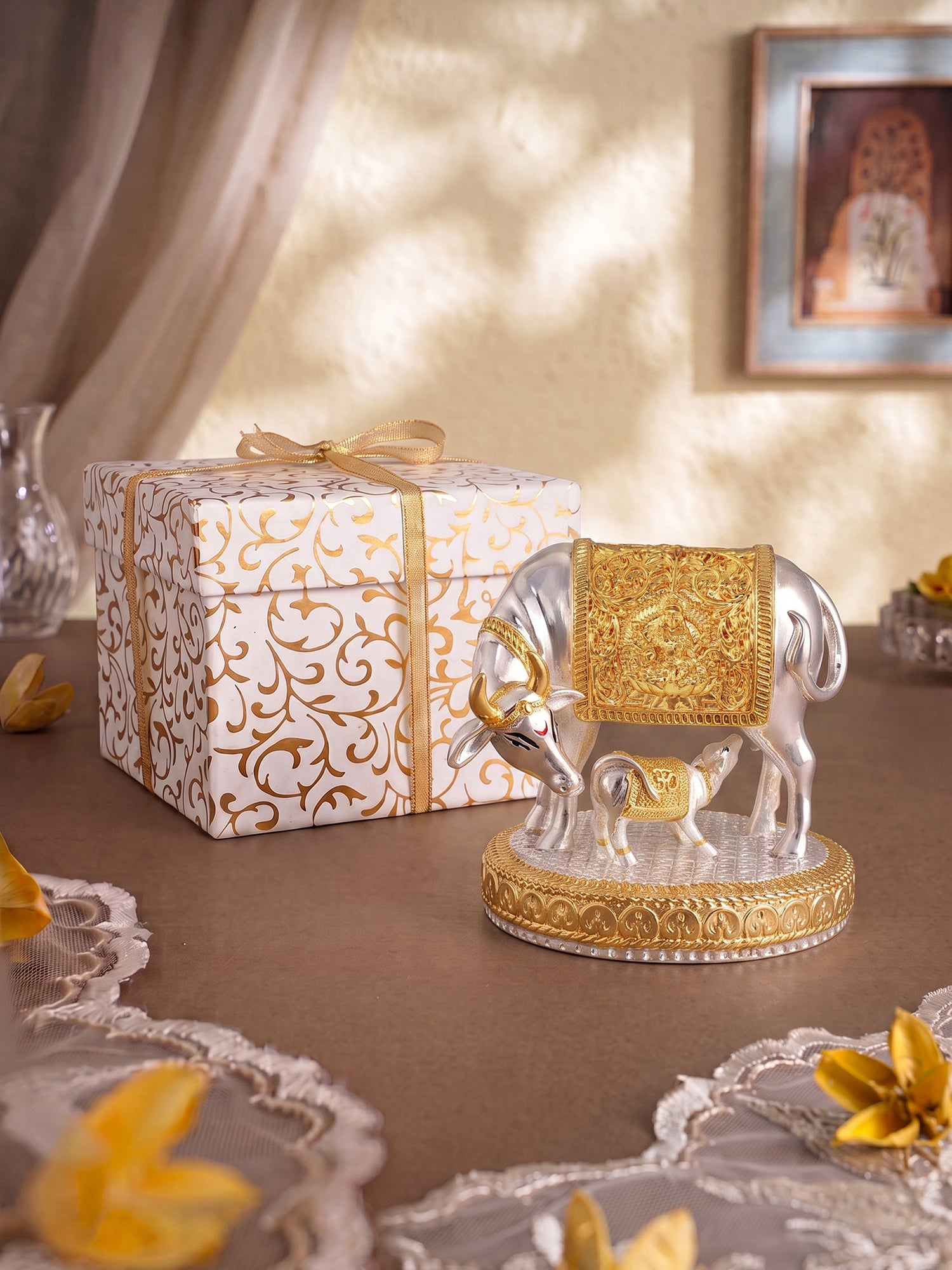 Saraf RS Kamdhenu Cow with Calf Idol | Gold & Silver Plated