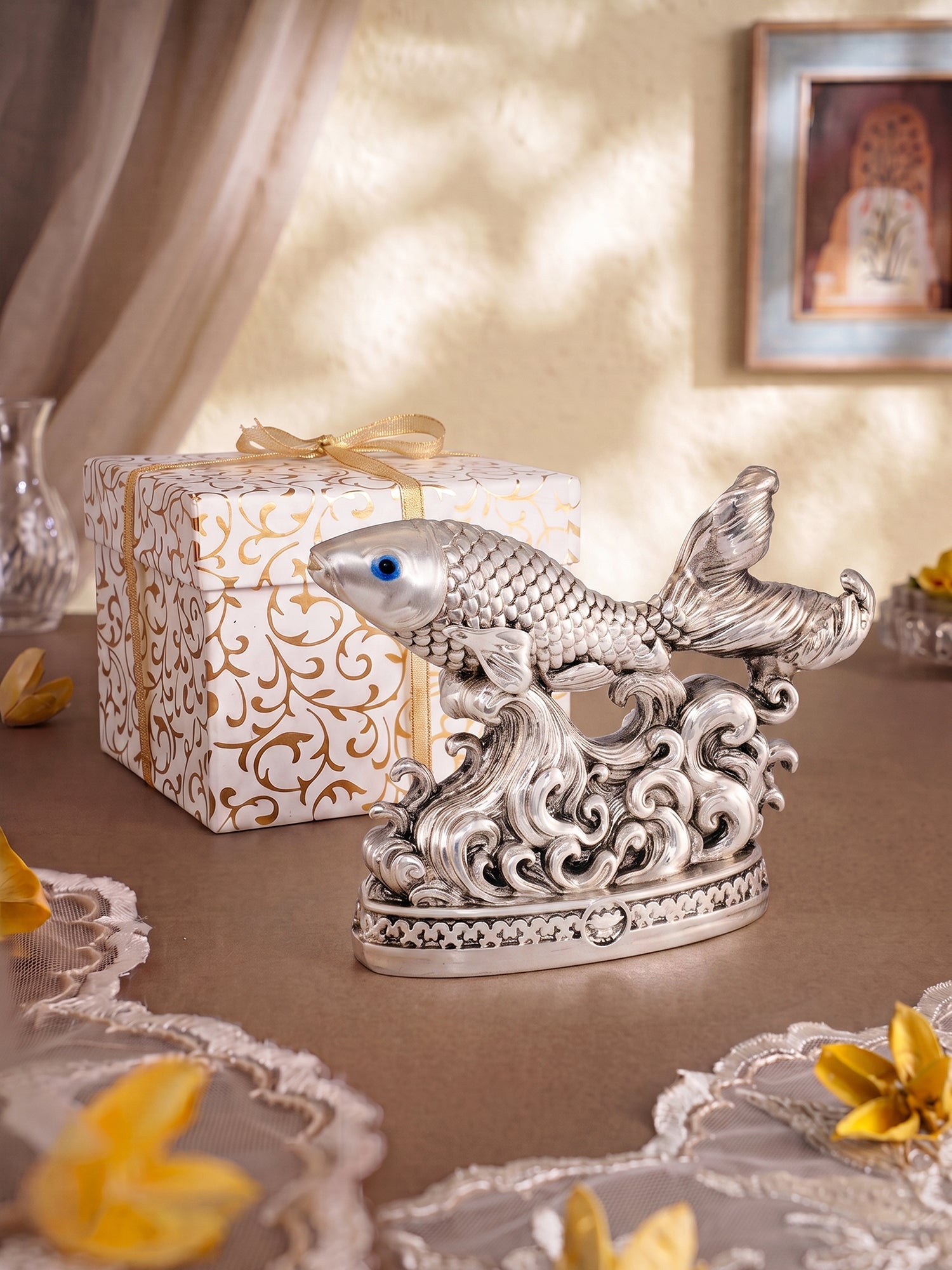 Saraf RS Vastu Fish Idol on Water Waves (999 Silver Plated)
