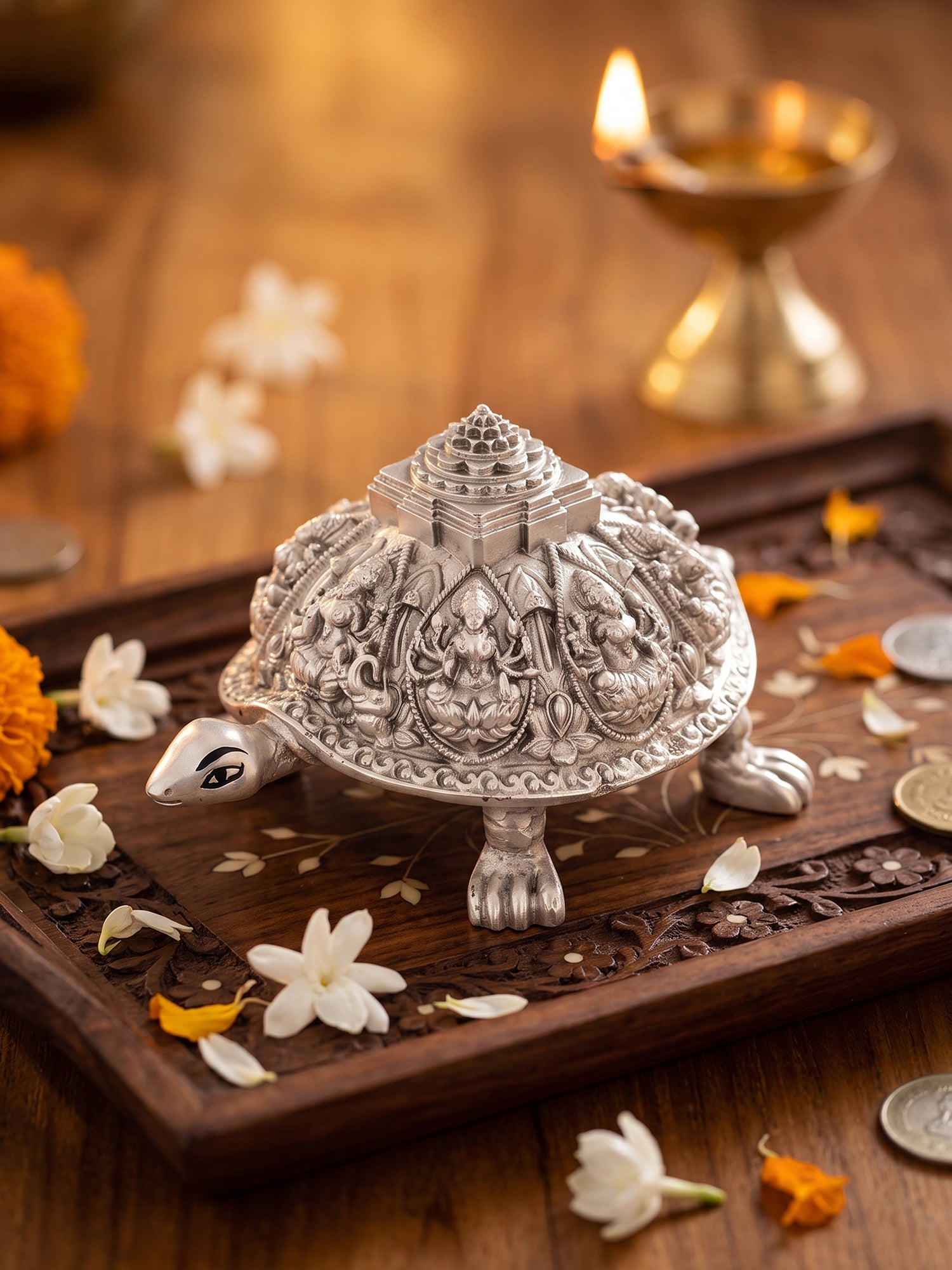 Saraf RS Ashtalakshmi Shree Yantra Tortoise Idol (999 Silver Plated)