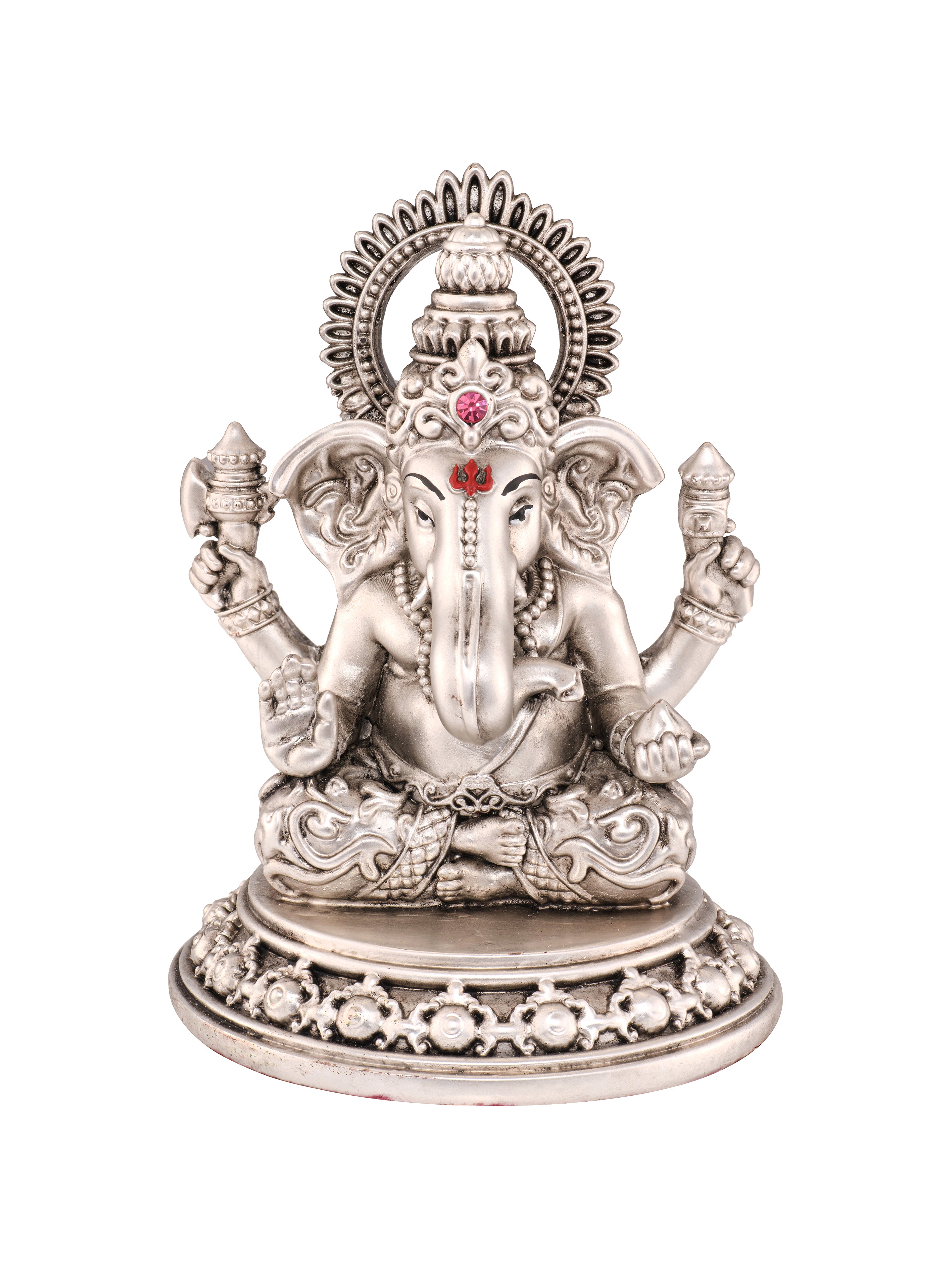 Silver plated Lord Ganesha idol on carved base