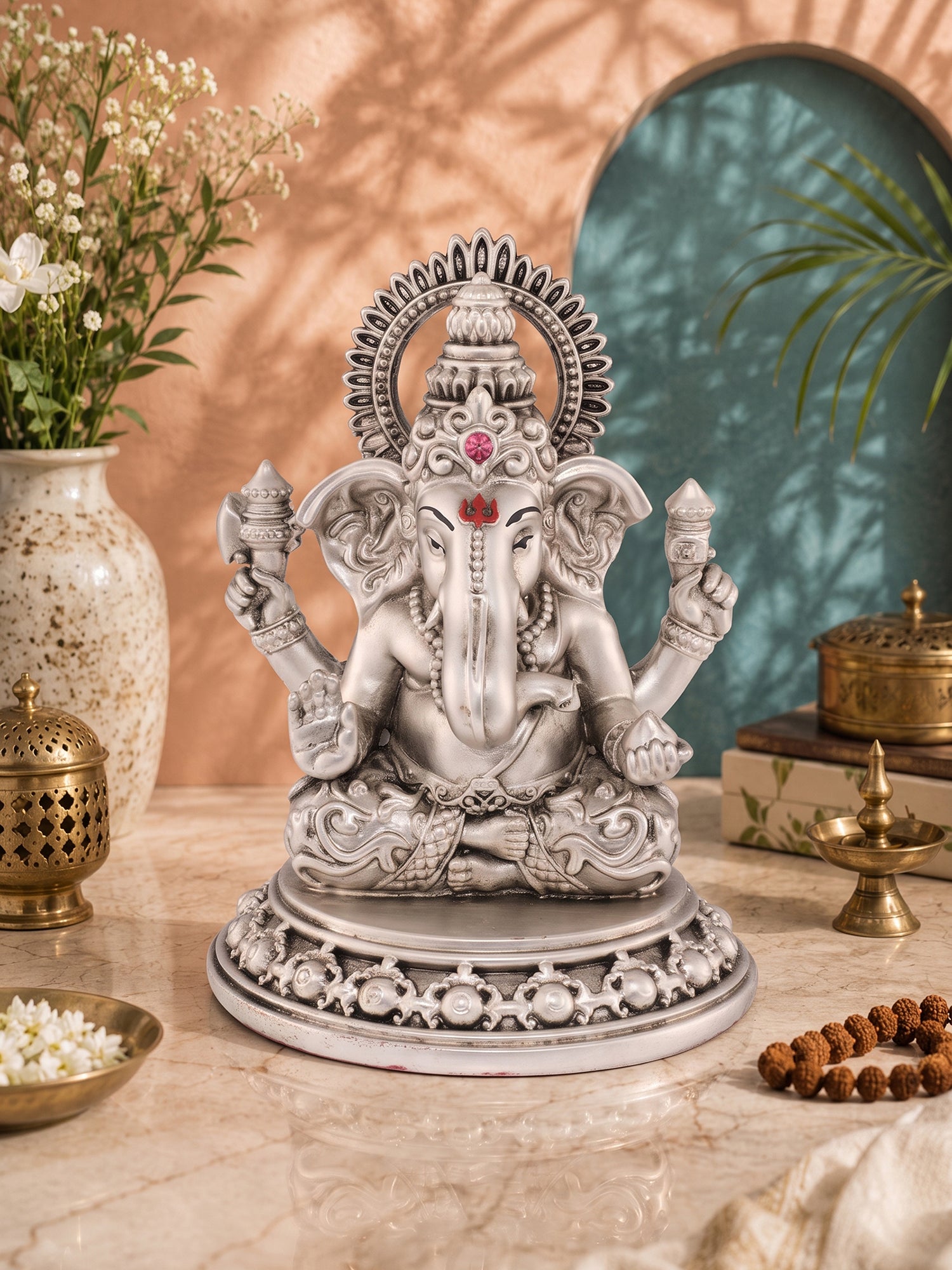 Saraf RS Lord Ganesha Idol on Carved Base (999 Silver Plated)