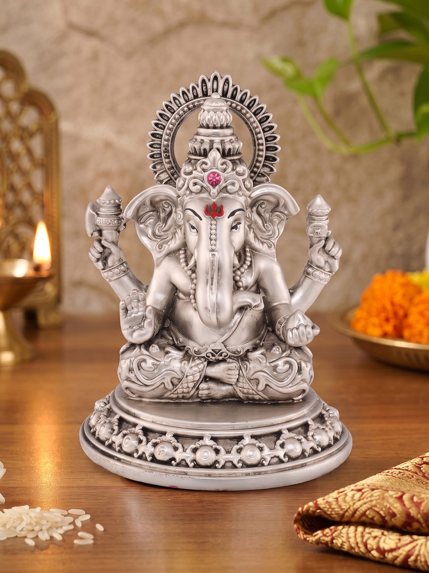 Saraf RS Lord Ganesha Idol on Carved Base (999 Silver Plated)