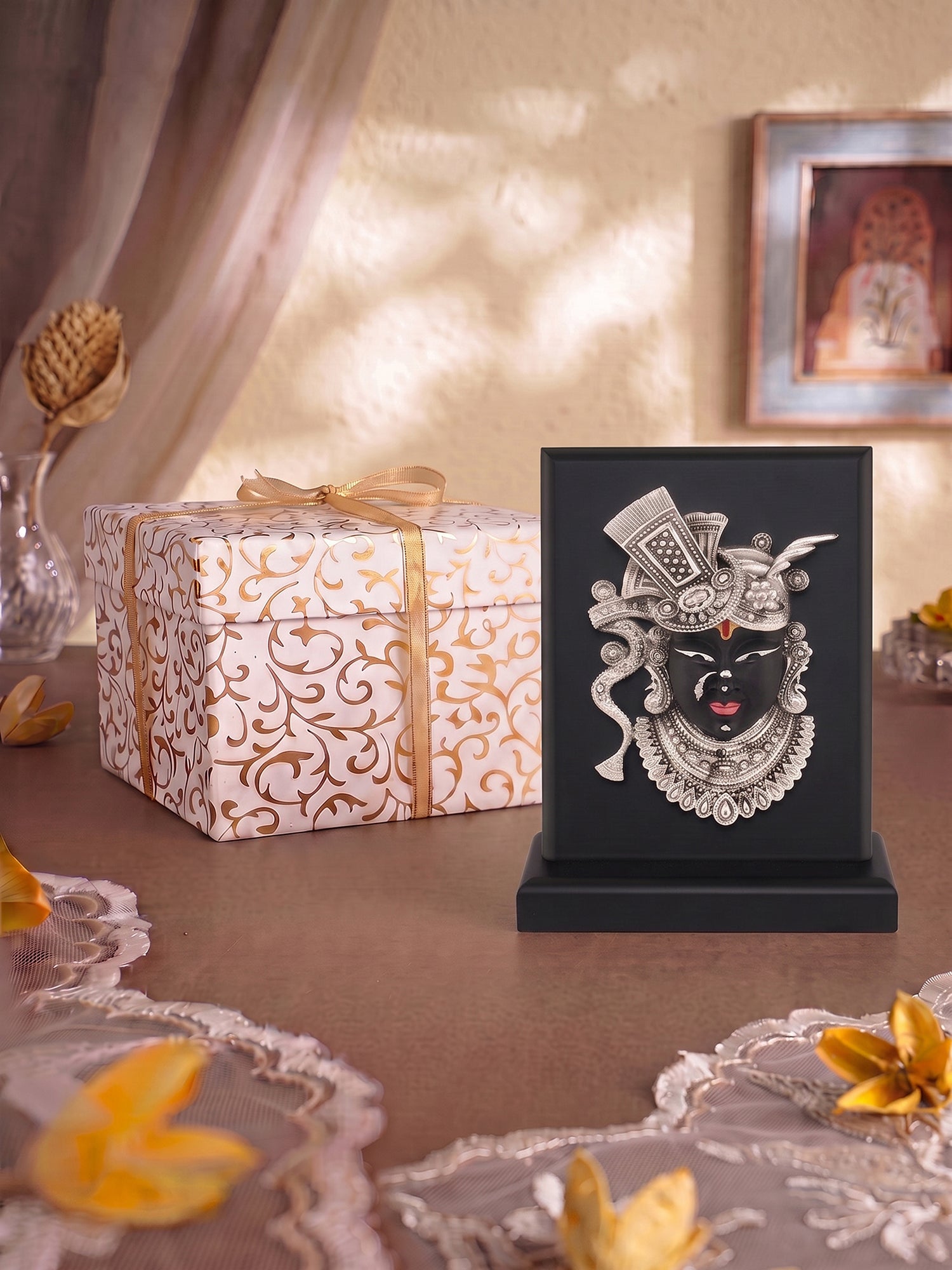 Saraf RS Shrinathji Face Frame on Wooden Stand (999 Silver Plated)