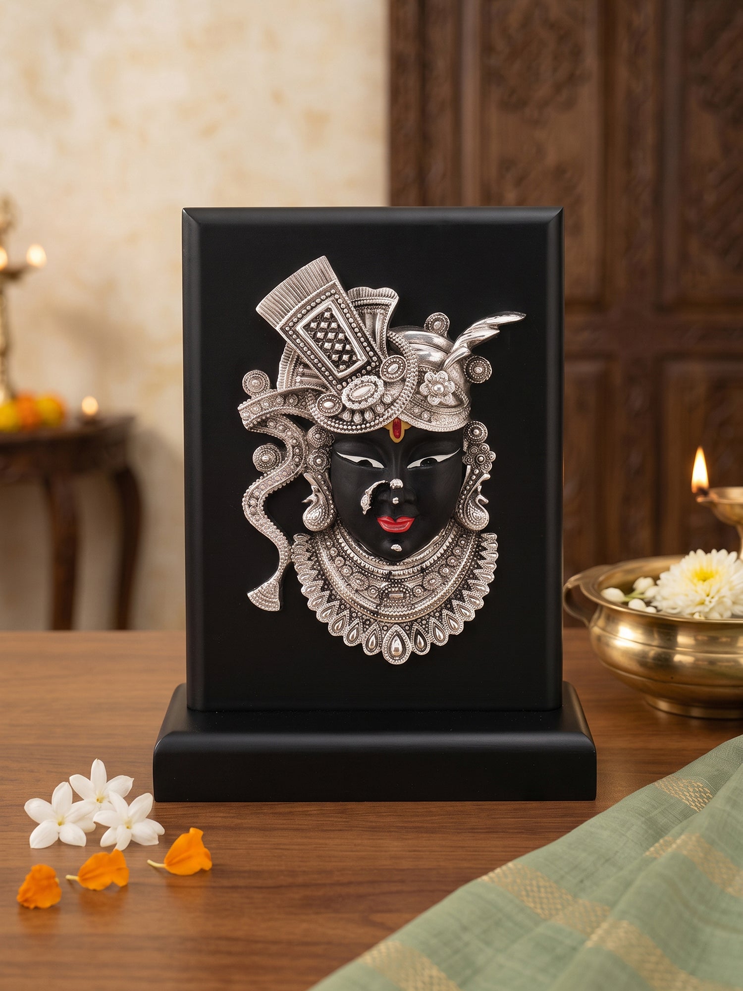 Saraf RS Shrinathji Face Frame on Wooden Stand (999 Silver Plated)