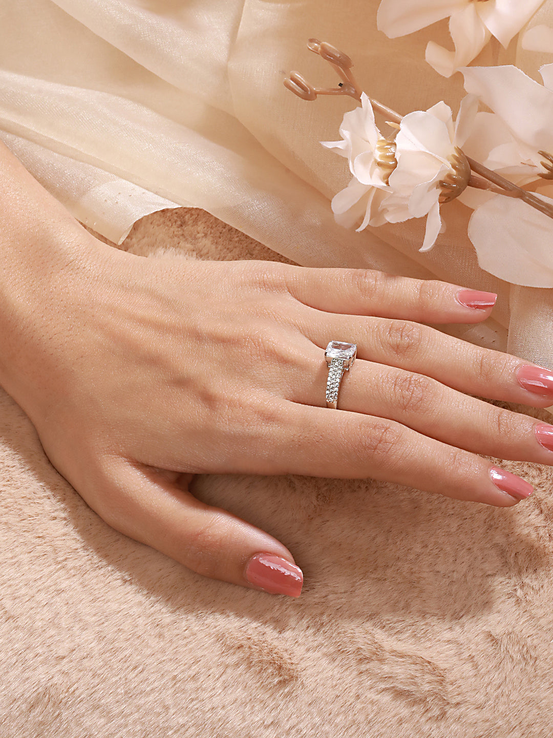 Silver Plated AD Studded Solitaire Delicate Engagement Finger Band  Ring