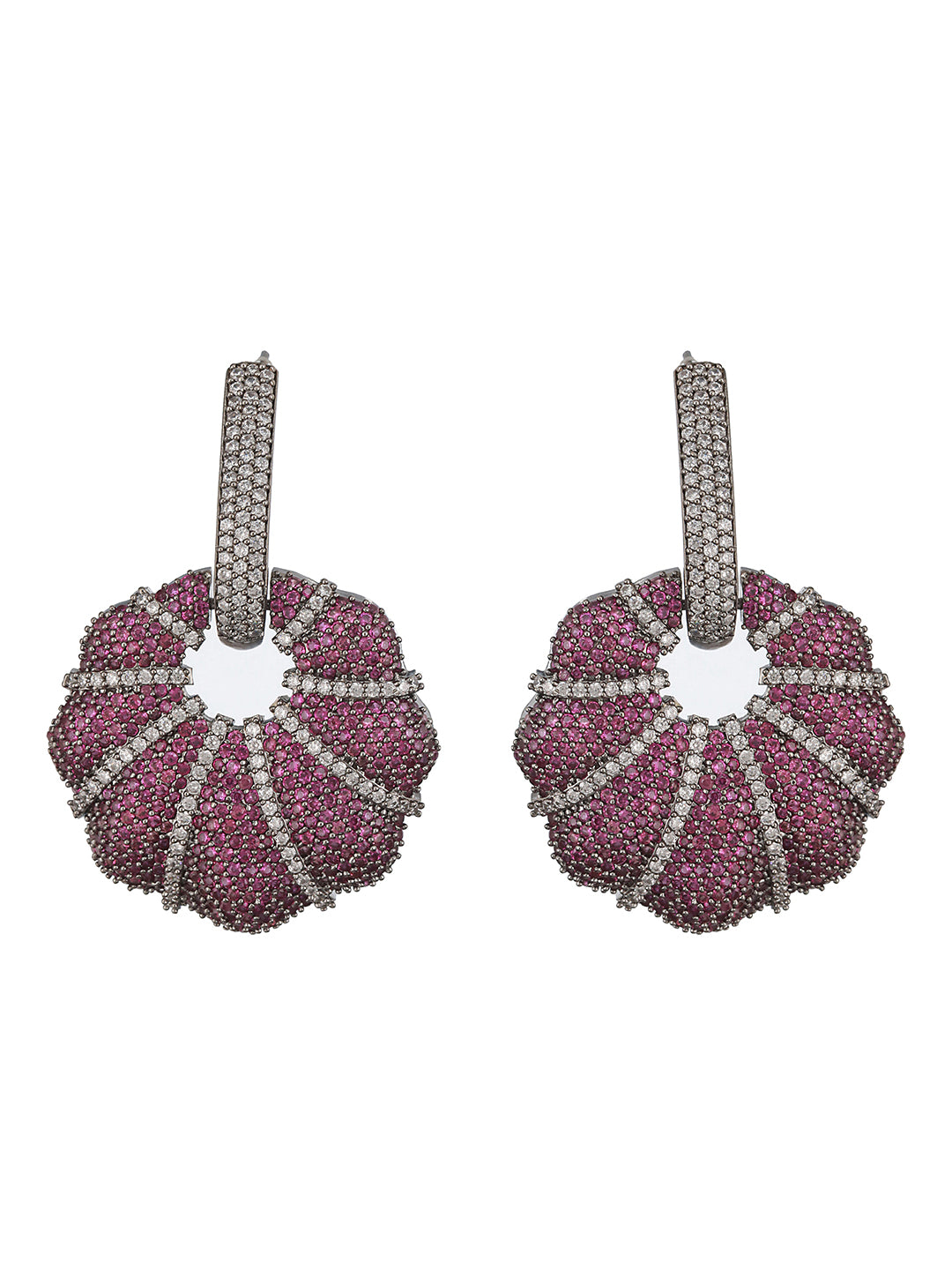 Silver Toned Red AD Studded Designer Luxe Floral Chandelier Hoop Earrings