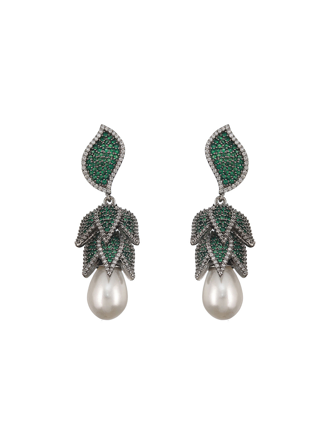 Silver Toned Green AD & Pearl Beaded Luxe Designer Drop Earring