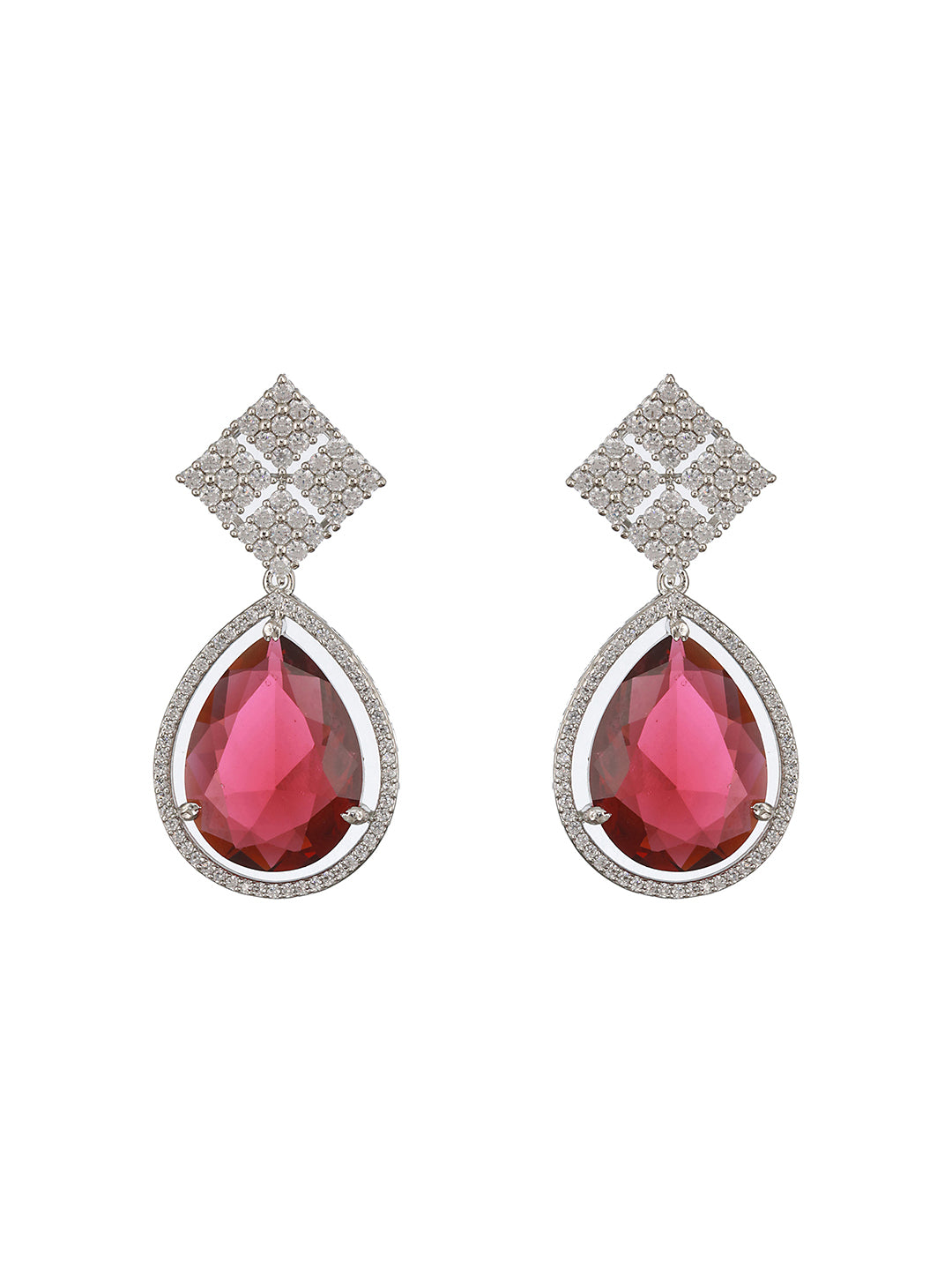 Silver Plated Red AD Studded Geometric Drop Designer Earrings