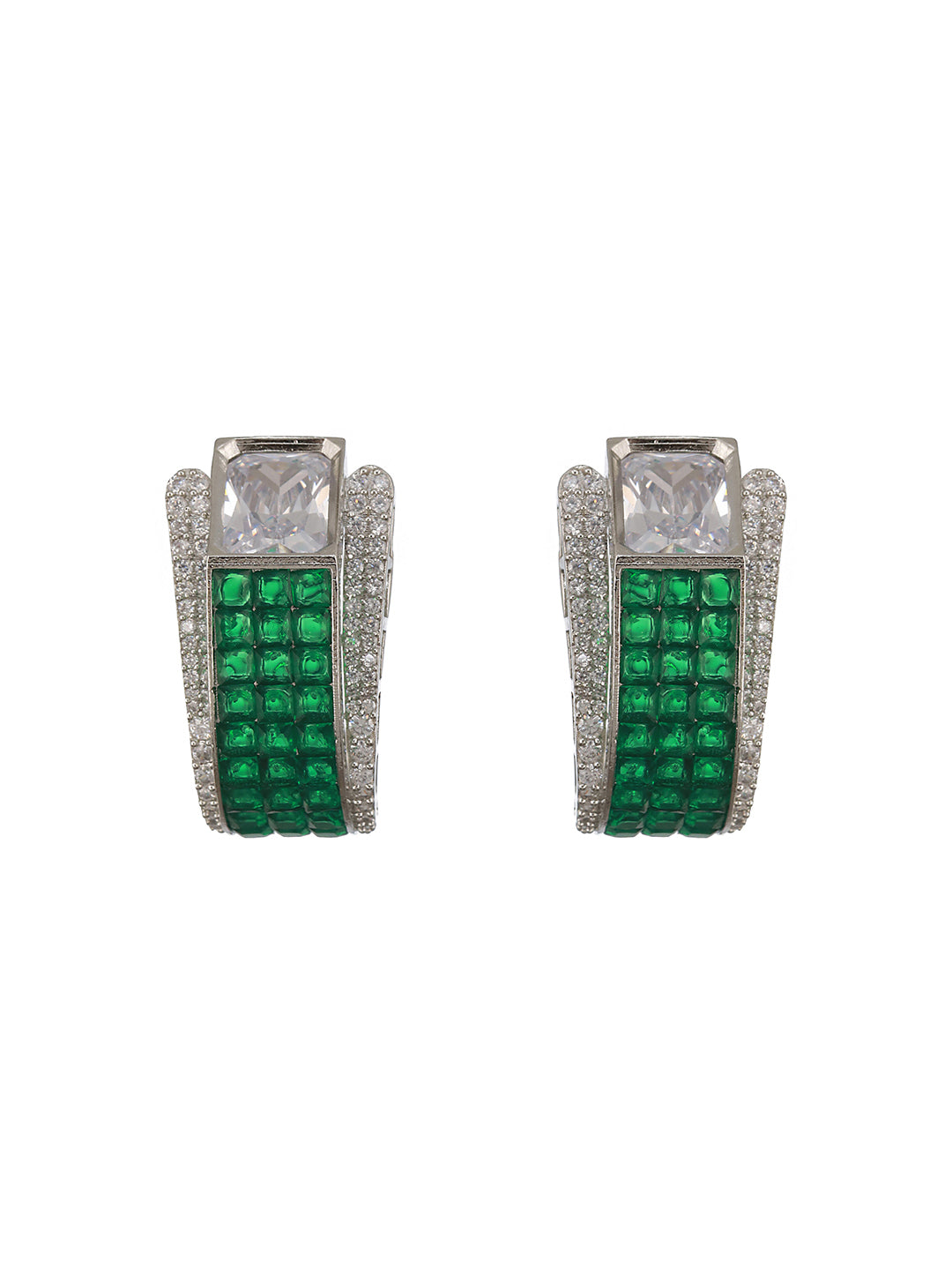 Rhodium  Green Emerald Cubic Zirconia  Luxe Hoop Studds Earring