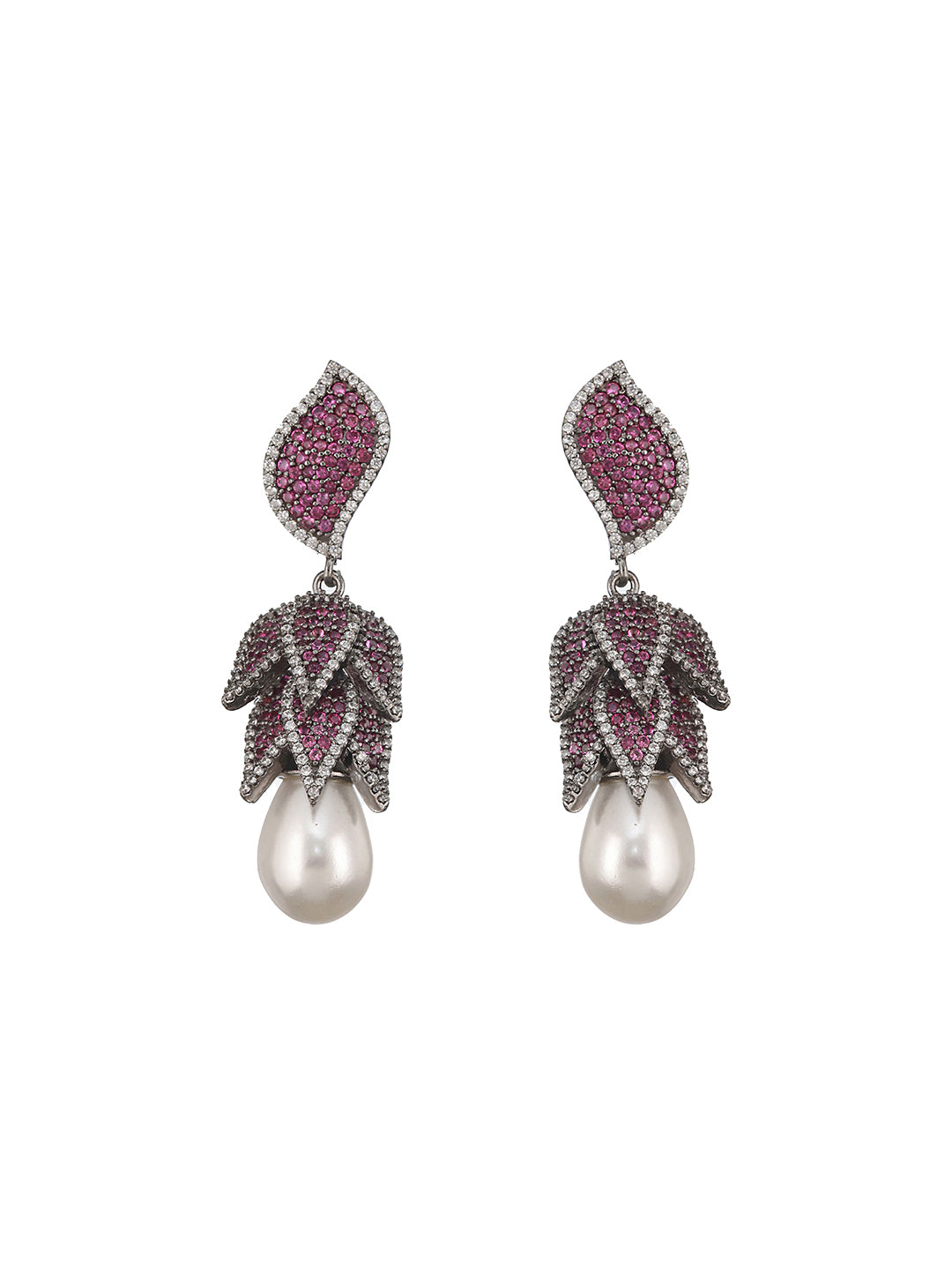 Silver Plated Red Cubic Zircon & Pearl Beaded Luxe Floral Dangler  Earring