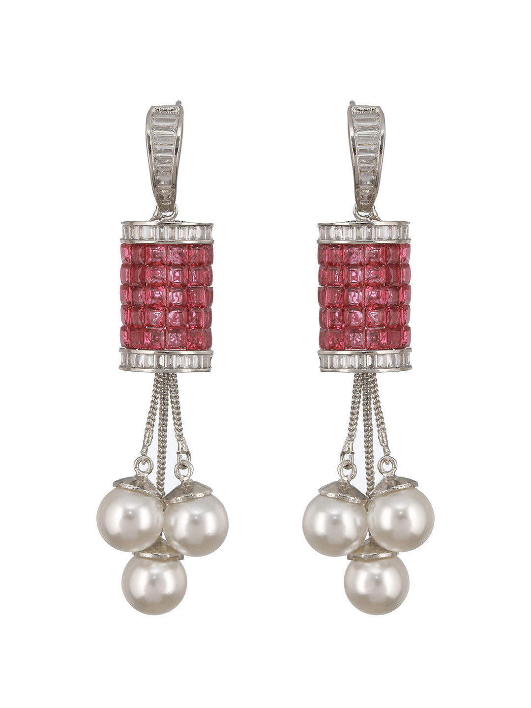 Silver Plated Red Cubic Zirconia & Pearl Beaded Designer Contemporary Dangler Earrings