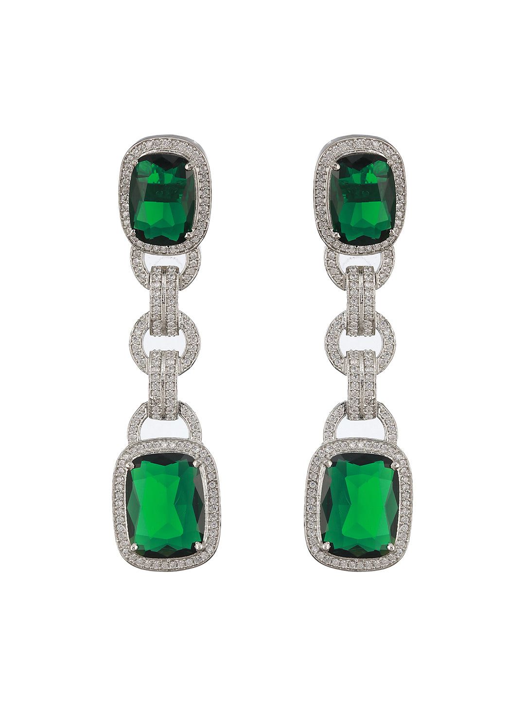 Rhodium Green Zircon Long Dangler Luxe Designer Earrings