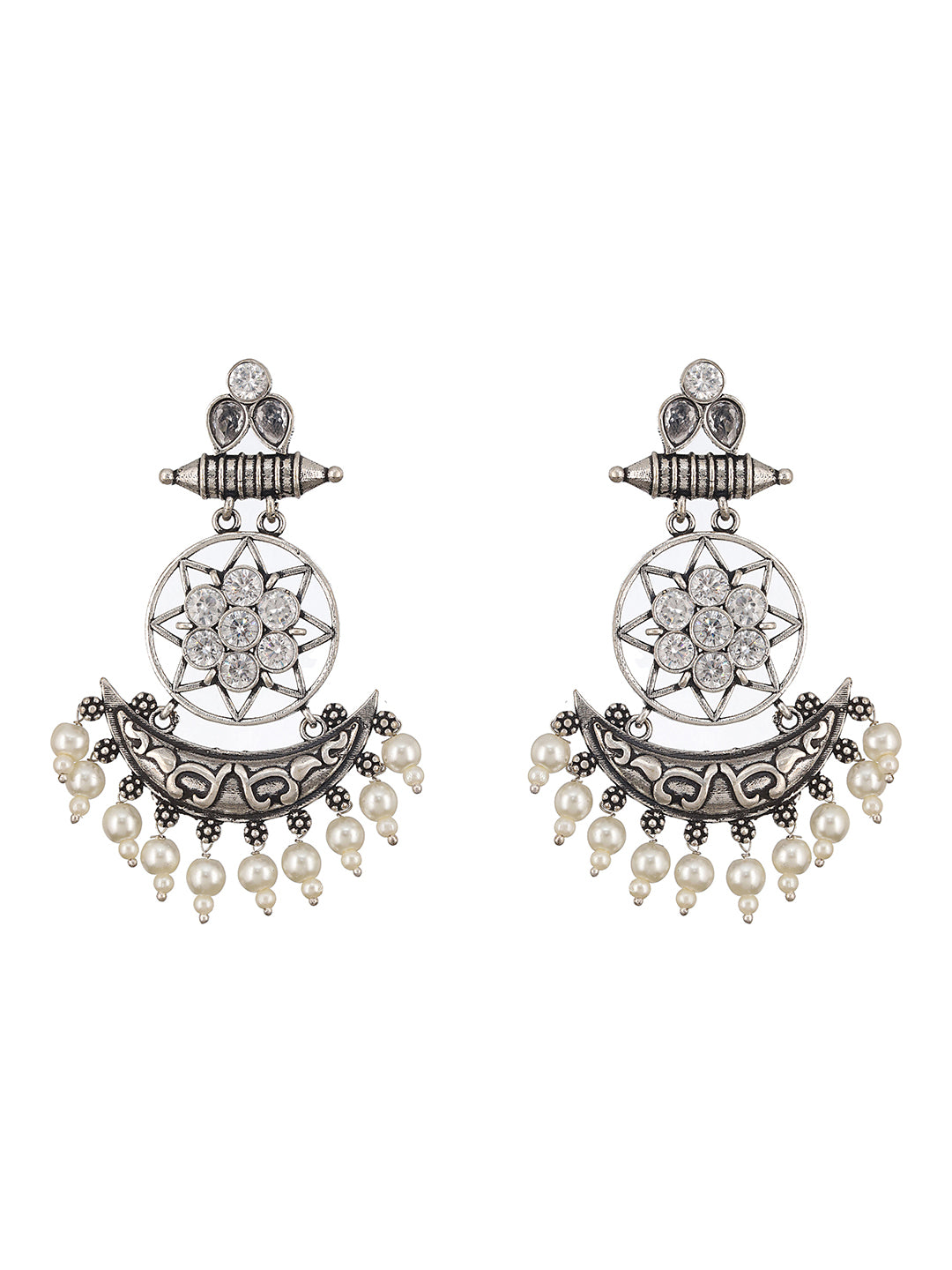 Oxidised Silver Toned AD Stone Studded Minimal Chandbali Chandelier Earrings