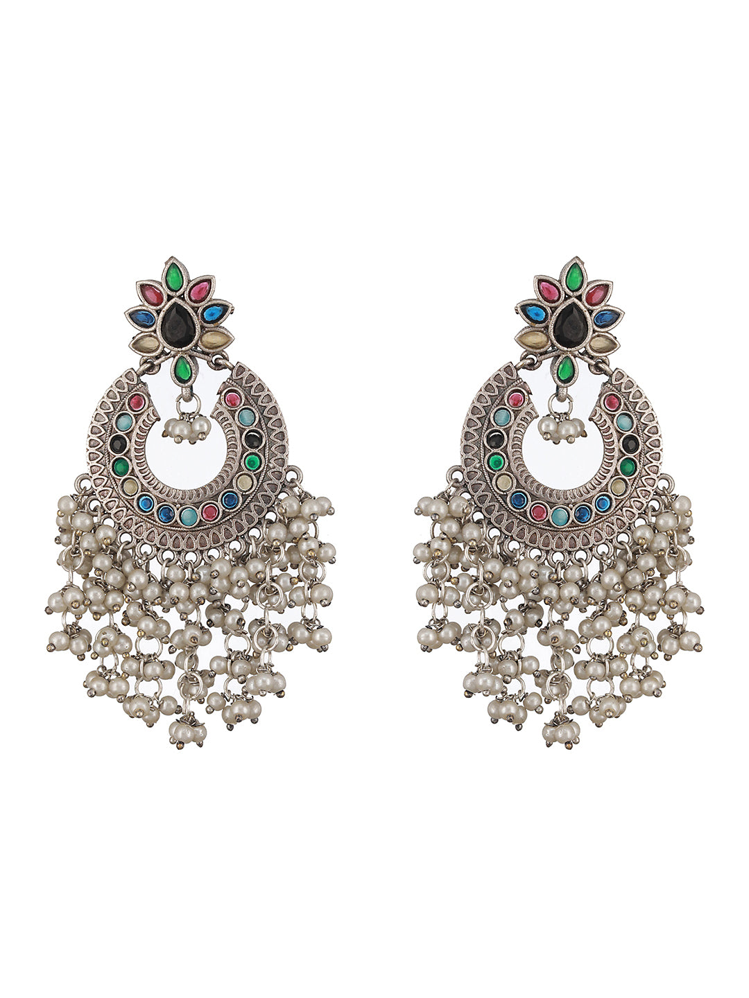 Oxidised Silver Plated Nav Ratan Stoned & Pearl Beaded Chanbali Chandelier Earrings