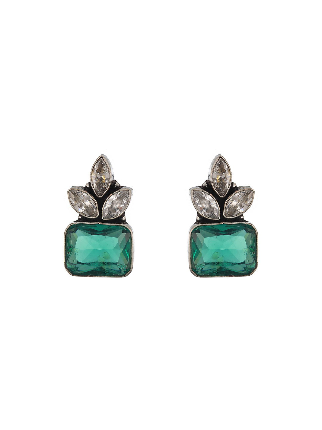 Silver Toned Green Turquoise Minimal Officewear Studds Earrings