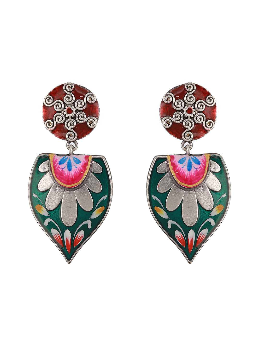 Oxidised Silver Toned Red & Green Handpainted Chandelier Minimal Earring