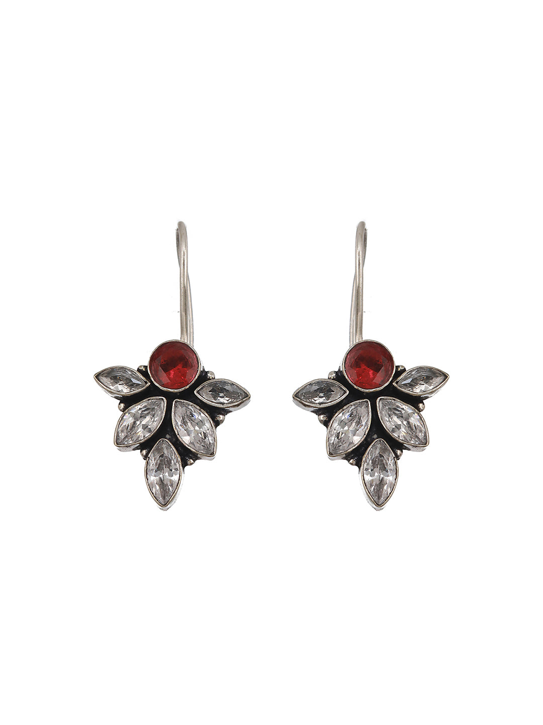 Oxidised Silver Toned Red Garnet Minimal Officewear Fish Hook Earrings