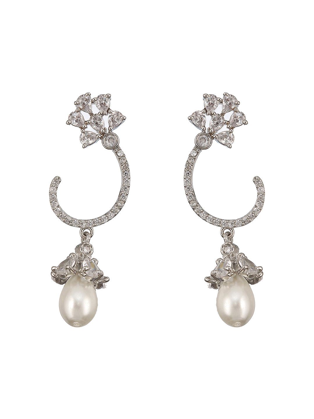 Rhodium Plated Pearl Beaded AD studed Earrings