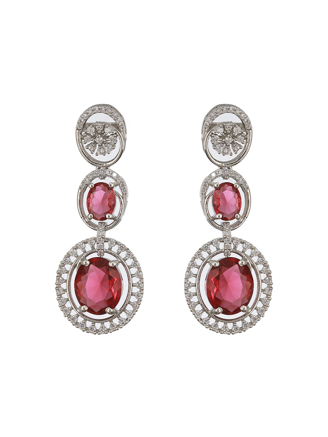 Rhodium Red Ruby Zircon Studded Delicate Contemporary Necklace Jewellery Set