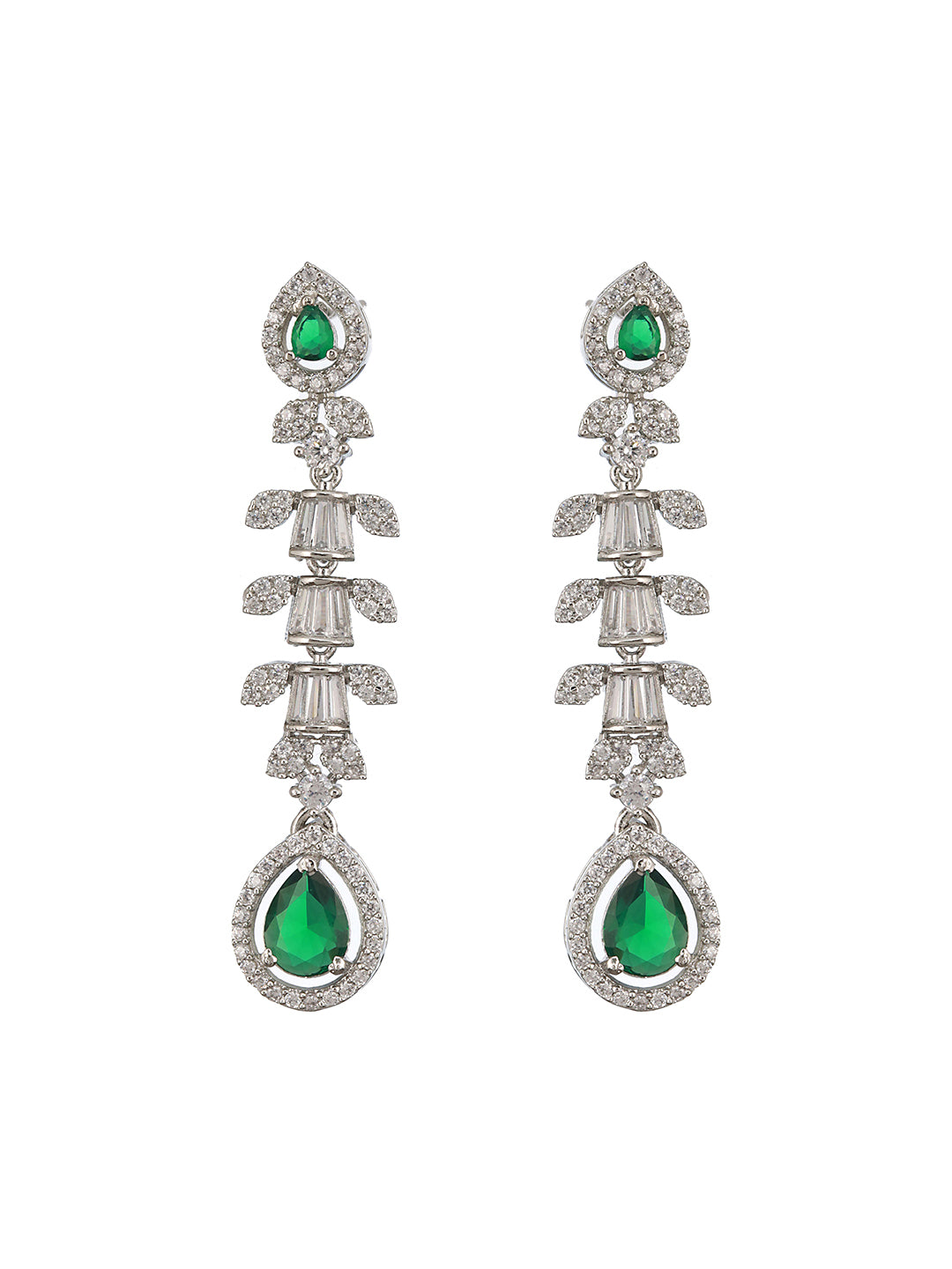 Rhodium Green Emerald Bagatte Zircon Studded Occasionwear Pendant Jewellery  Set