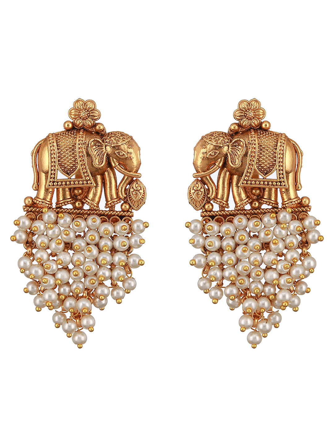 Gold Plated Elephant Motif Pearl Beaded Designer Earrings  Necklace Jewellery Set