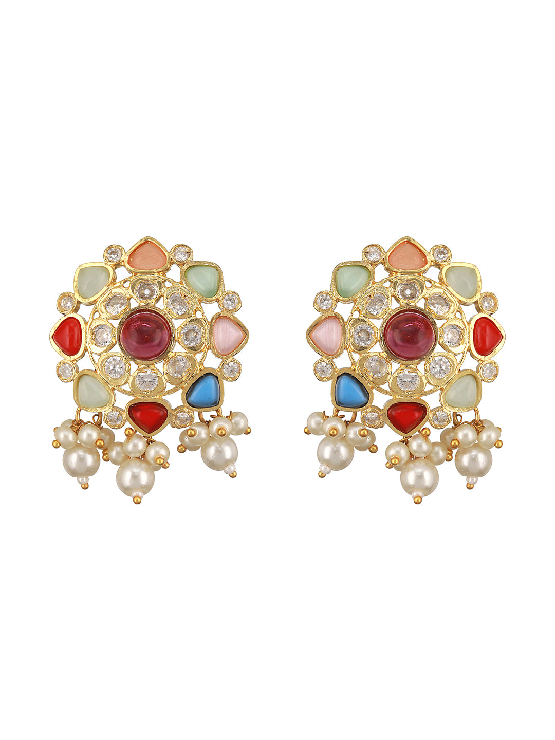 Nav Ratan Kundan Studded Pearl Beaded Haram Layered Royal Jewellery Set