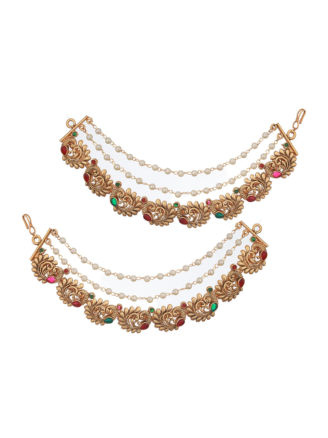 Gold Plated Multi Strand Layered Pearl Beaded Peacock Design Matil Ear Chain Earrings