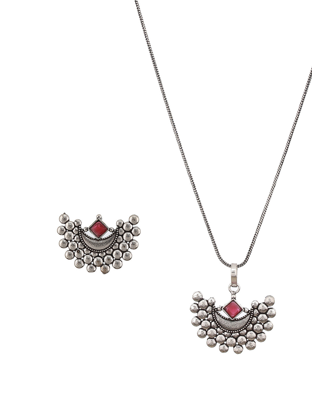 Oxidised Silver Plated Maroon Stone Locket Jewellery  Set
